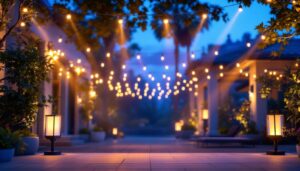 A photograph of a beautifully illuminated outdoor space featuring a variety of motion lighting fixtures in action