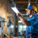 A photograph of a lighting contractor in action