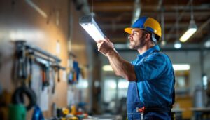 A photograph of a lighting contractor in action