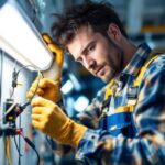 A photograph of a skilled lighting contractor expertly wiring a fluorescent light fixture in a well-lit workspace