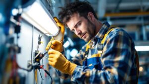 A photograph of a skilled lighting contractor expertly wiring a fluorescent light fixture in a well-lit workspace
