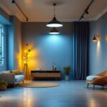 A photograph of a well-lit basement showcasing a variety of stylish light fixtures