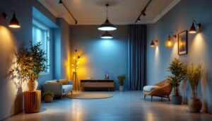 A photograph of a well-lit basement showcasing a variety of stylish light fixtures