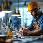 A photograph of a skilled lighting contractor at work
