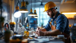 A photograph of a skilled lighting contractor at work