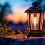 A photograph of capture a photograph of a beautifully designed outdoor electric lantern illuminating a cozy outdoor setting
