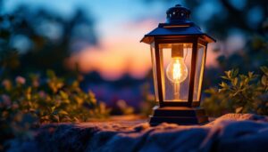 A photograph of capture a photograph of a beautifully designed outdoor electric lantern illuminating a cozy outdoor setting