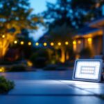 A photograph of a beautifully illuminated outdoor space featuring solar flood lights in action