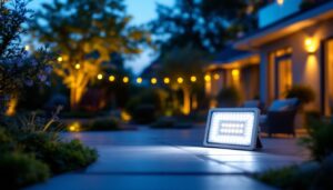 A photograph of a beautifully illuminated outdoor space featuring solar flood lights in action