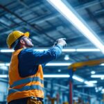 A photograph of a lighting contractor installing high bay led strip lights in a spacious industrial setting