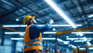 A photograph of a lighting contractor installing high bay led strip lights in a spacious industrial setting