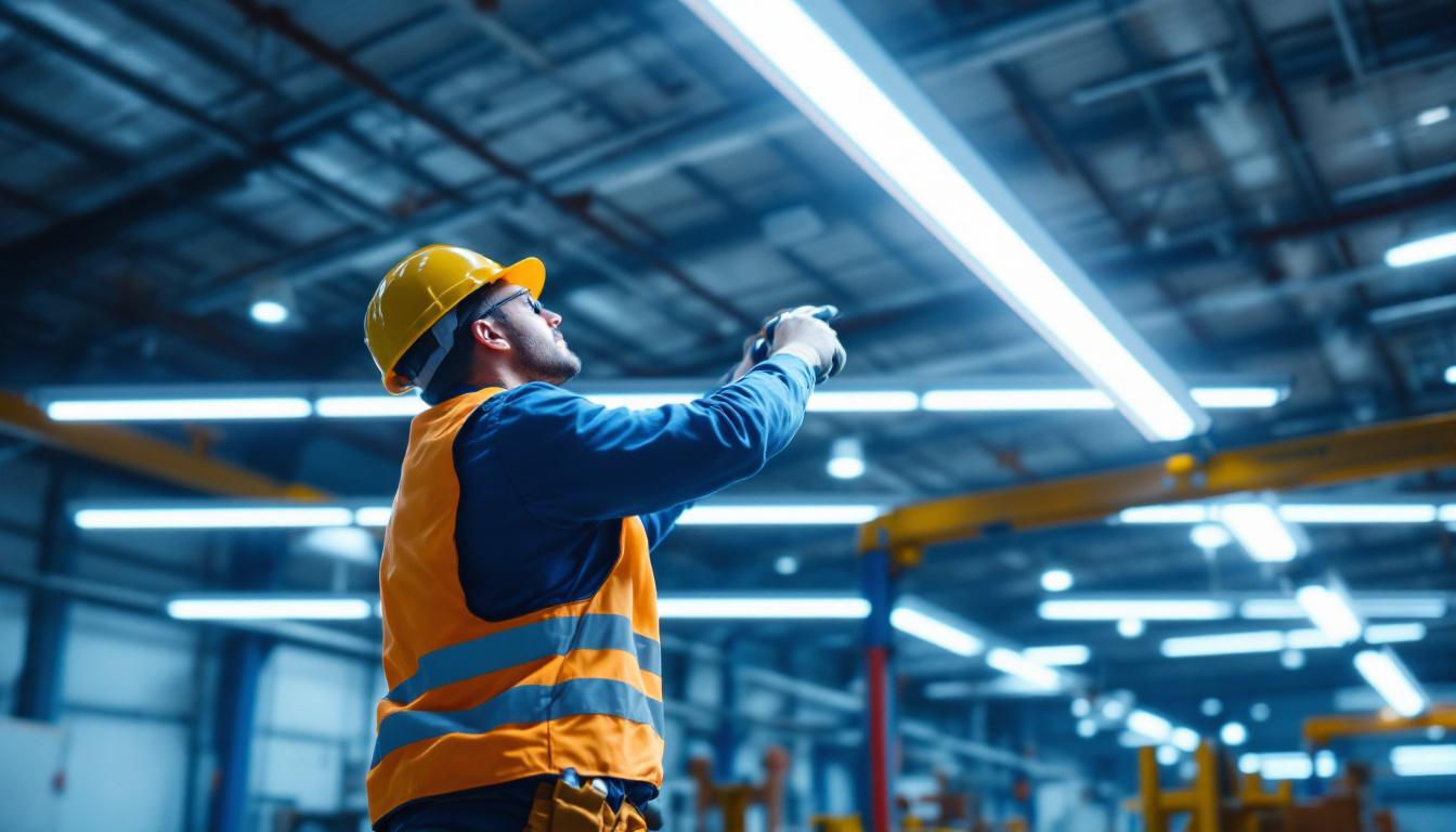 A photograph of a lighting contractor installing high bay led strip lights in a spacious industrial setting