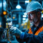 A photograph of capture a photograph of a lighting contractor working with a mercury vapor ballast in a well-lit industrial setting
