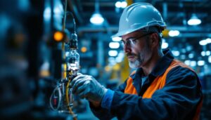 A photograph of capture a photograph of a lighting contractor working with a mercury vapor ballast in a well-lit industrial setting