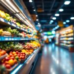 A photograph of a well-lit grocery store aisle showcasing the interplay of natural and artificial lighting