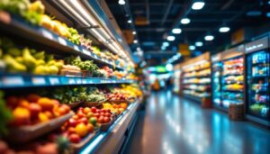 A photograph of a well-lit grocery store aisle showcasing the interplay of natural and artificial lighting