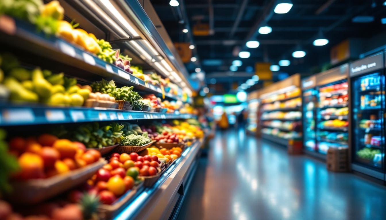 A photograph of a well-lit grocery store aisle showcasing the interplay of natural and artificial lighting