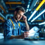 A photograph of a lighting contractor examining various t8 4-foot fluorescent tubes in a well-lit workshop