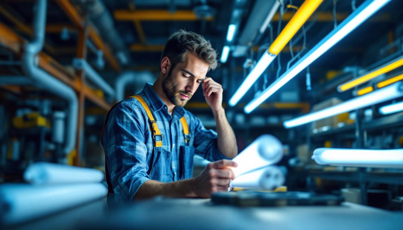 A photograph of a lighting contractor examining various t8 4-foot fluorescent tubes in a well-lit workshop