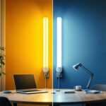 A photograph of a side-by-side comparison of an 8-foot fluorescent bulb and an led equivalent in a well-lit workspace