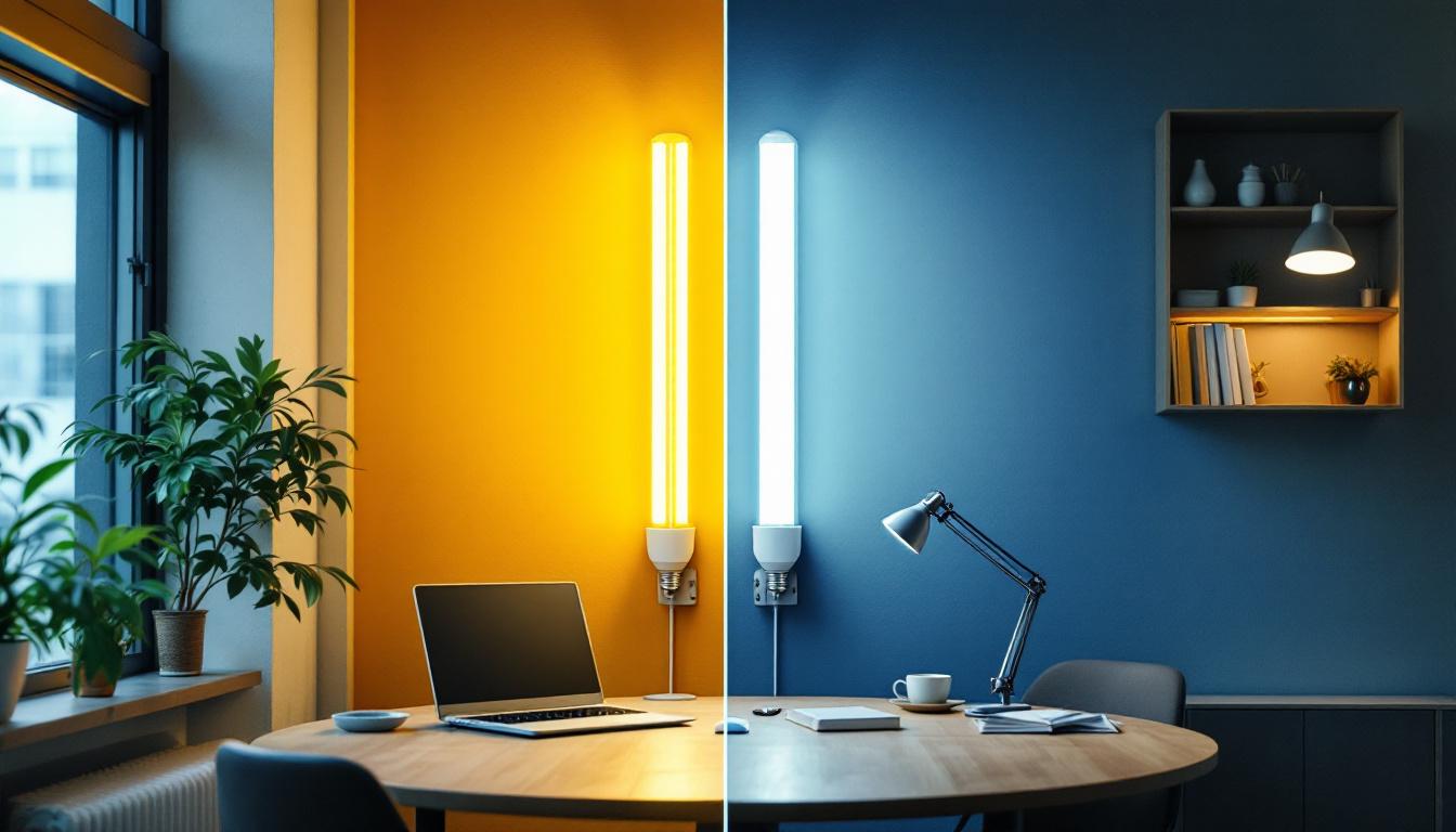 A photograph of a side-by-side comparison of an 8-foot fluorescent bulb and an led equivalent in a well-lit workspace