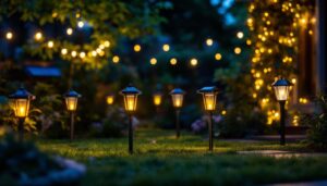 A photograph of a beautifully illuminated outdoor space featuring various styles of solar-powered lights