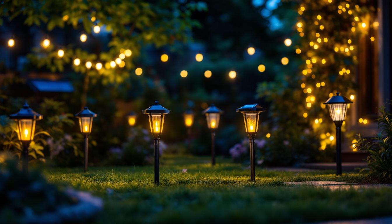 A photograph of a beautifully illuminated outdoor space featuring various styles of solar-powered lights