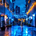 A photograph of a well-lit commercial outdoor space showcasing various led lighting installations