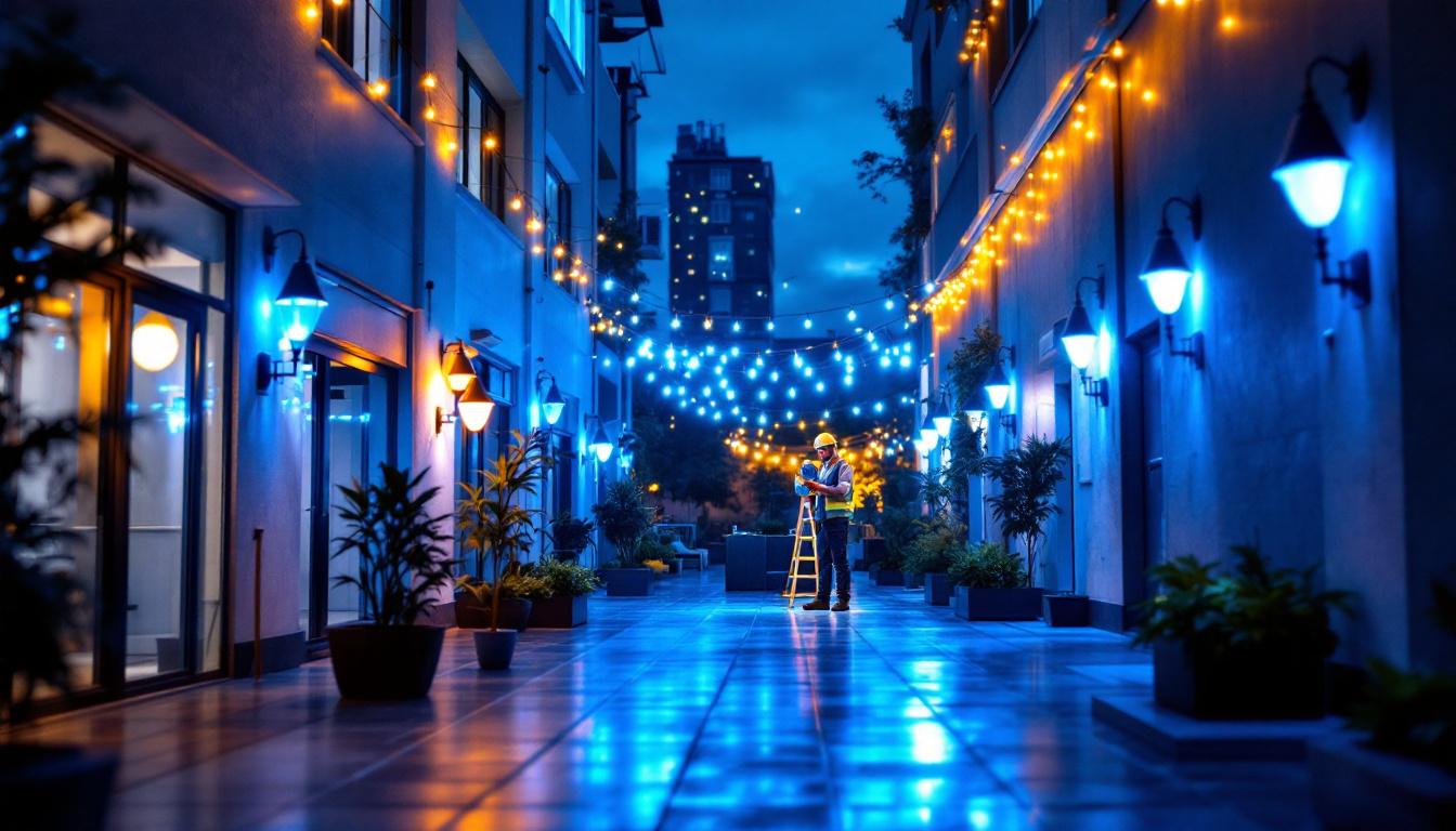 A photograph of a well-lit commercial outdoor space showcasing various led lighting installations