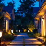 A photograph of a beautifully lit outdoor entryway featuring solar entry lights in use at dusk