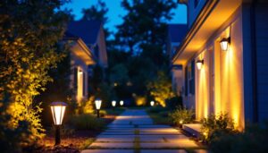 A photograph of a beautifully lit outdoor entryway featuring solar entry lights in use at dusk