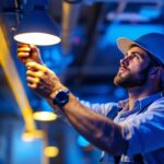A photograph of a lighting contractor expertly installing or adjusting led fixtures in a modern space