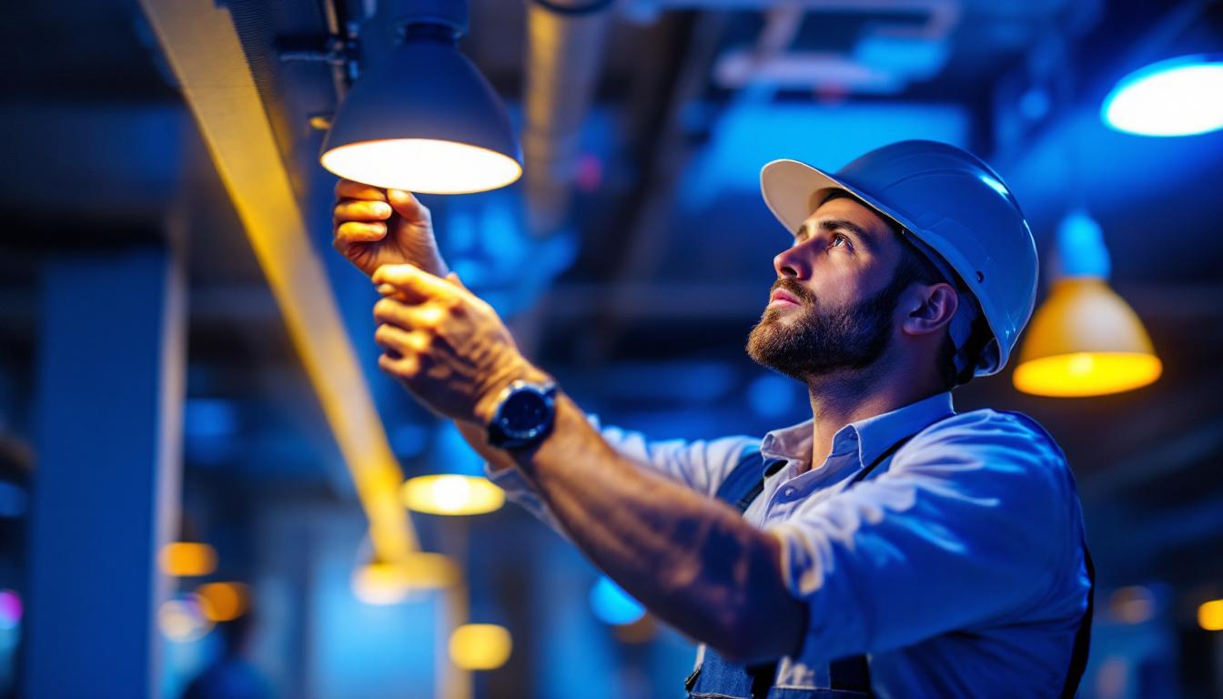 A photograph of a lighting contractor expertly installing or adjusting led fixtures in a modern space