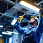 A photograph of a lighting contractor expertly installing fluorescent lights in a commercial space