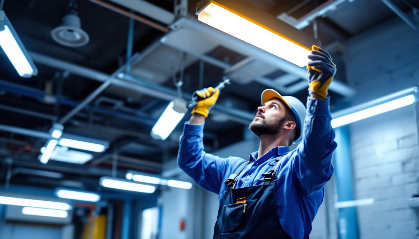 A photograph of a lighting contractor expertly installing fluorescent lights in a commercial space