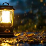 A photograph of a solar waterproof lantern illuminated in an outdoor setting