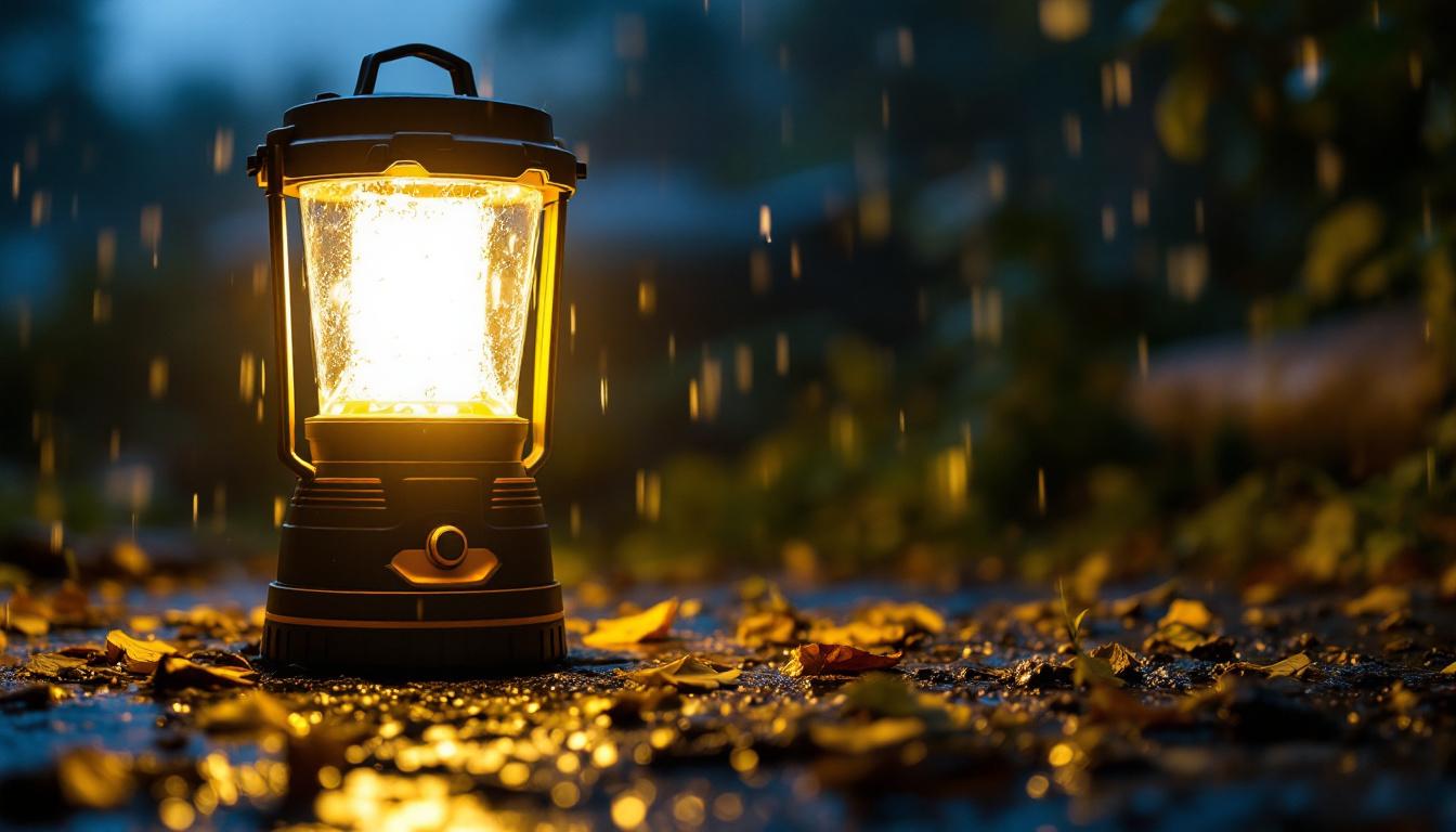 A photograph of a solar waterproof lantern illuminated in an outdoor setting
