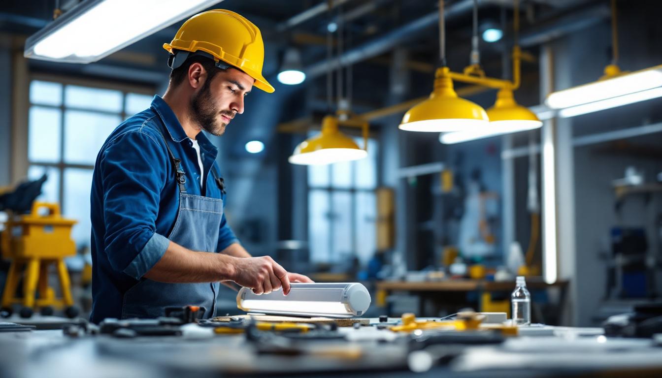 A photograph of a well-lit workspace featuring a lighting contractor installing or examining led t8 light fixtures