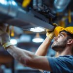 A photograph of a skilled lighting contractor installing or adjusting a 277-volt light fixture in a commercial setting