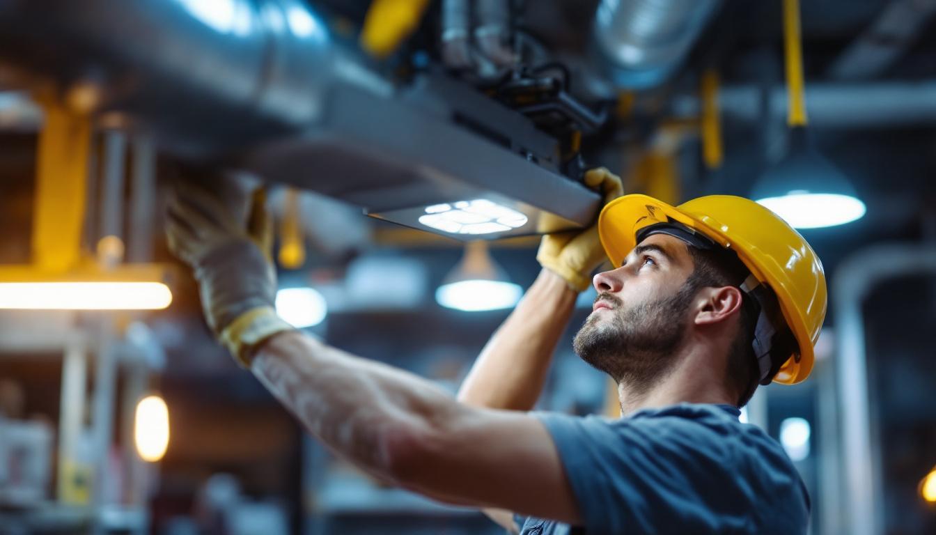 A photograph of a skilled lighting contractor installing or adjusting a 277-volt light fixture in a commercial setting