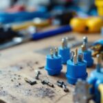 A photograph of a close-up of various electrical plugs and switches arranged on a workbench