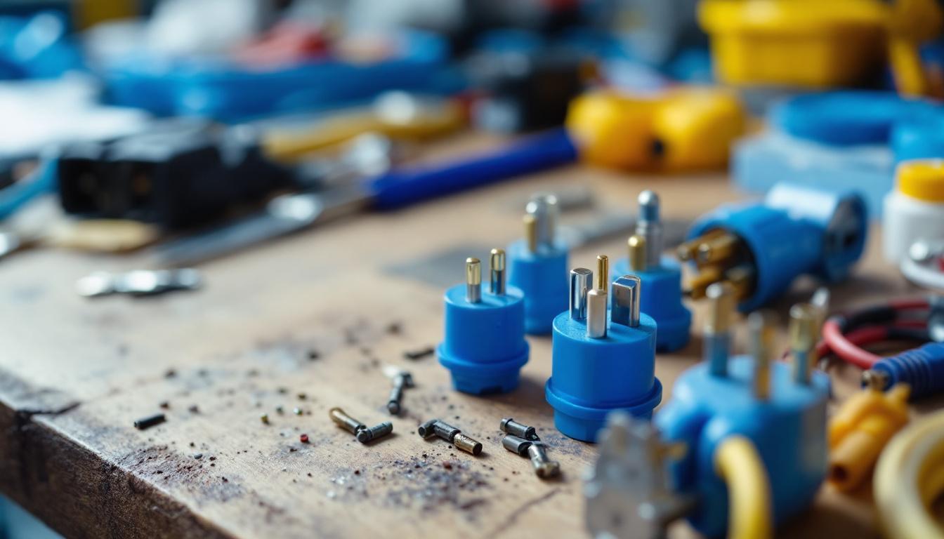 A photograph of a close-up of various electrical plugs and switches arranged on a workbench