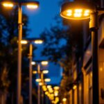 A photograph of a well-lit street scene showcasing modern led street lamps illuminating the area