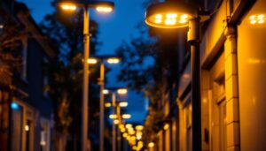 A photograph of a well-lit street scene showcasing modern led street lamps illuminating the area