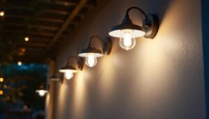 A photograph of a well-lit outdoor space showcasing various stylish light fixtures