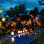 A photograph of a well-lit outdoor setting at dusk