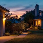 A photograph of a well-lit outdoor space showcasing various dusk-to-dawn security lights installed around a residential property