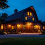 A photograph of a beautifully illuminated barn at dusk