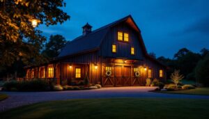 A photograph of a beautifully illuminated barn at dusk