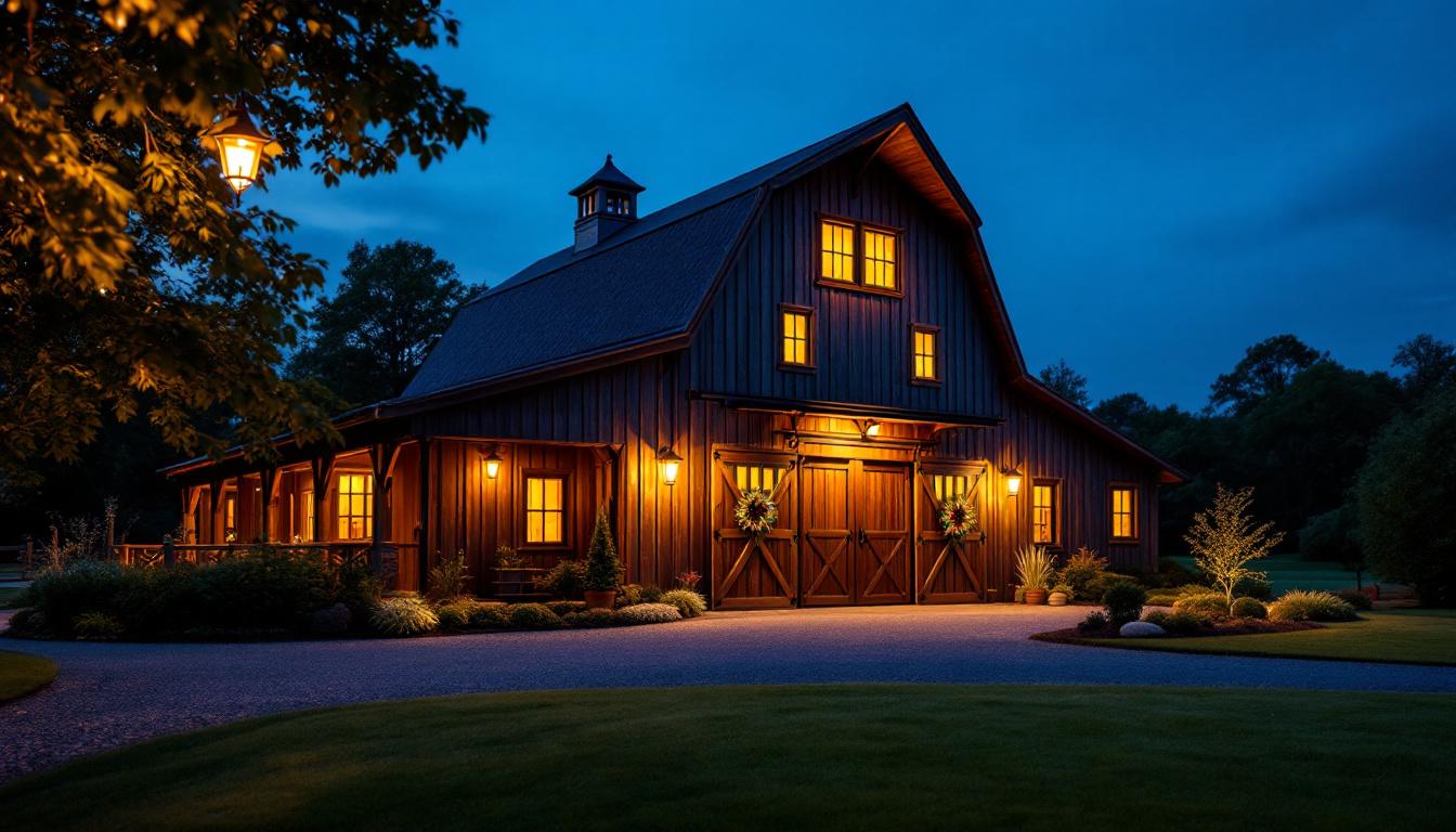 A photograph of a beautifully illuminated barn at dusk